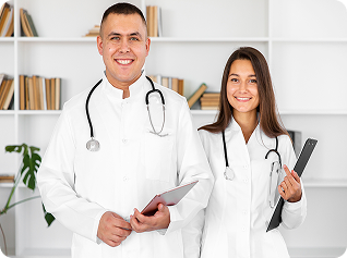 Two doctors smiling in a medical office