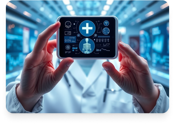 Hands holding futuristic medical technology interface with digital healthcare icons and data