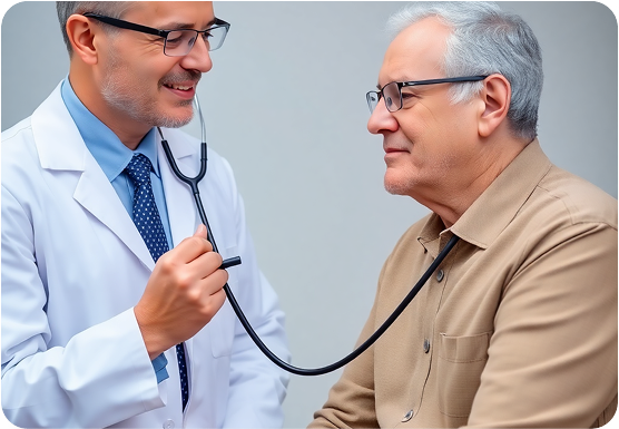 Doctor examining elderly patient with stethoscope in medical consultation